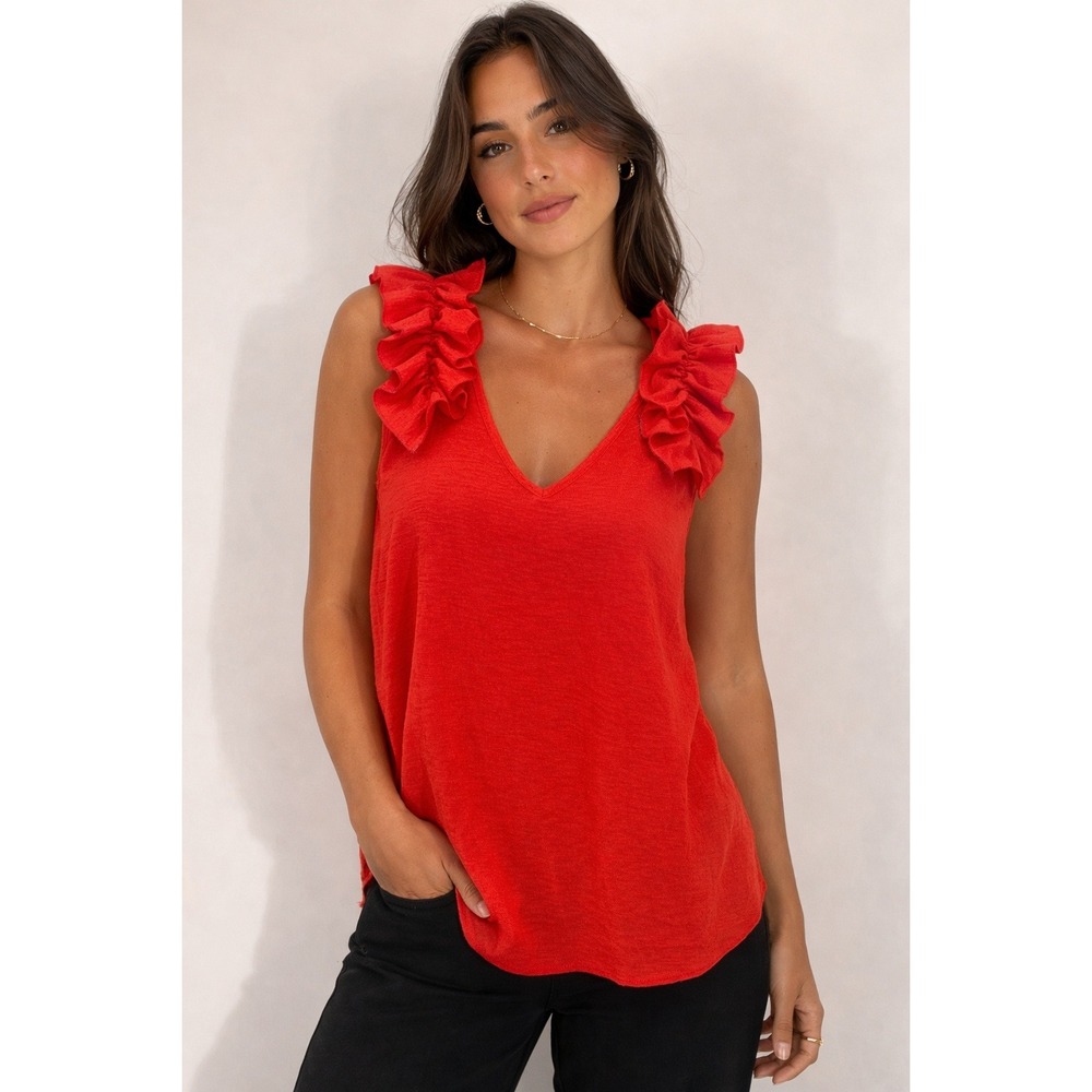 Entro- Red Ruffled Sleeveless Blouse Size L